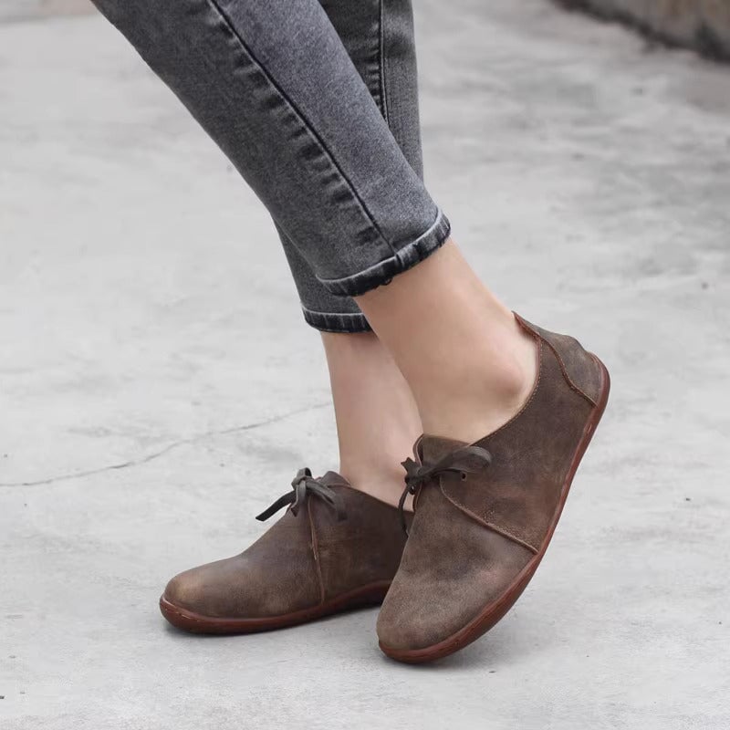 Leather Lace-Up Casual Barefoot Shoes Flat Ankle Shoes