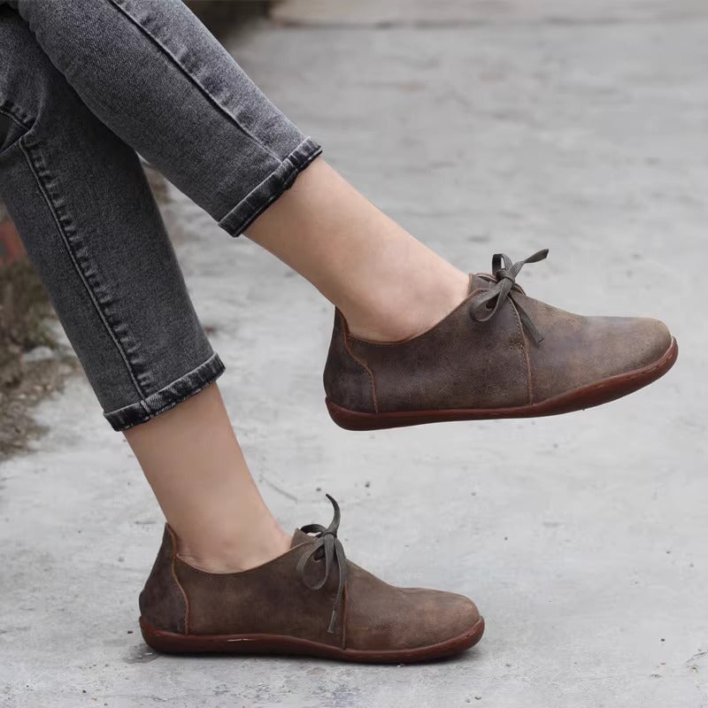 Leather Lace-Up Casual Barefoot Shoes Flat Ankle Shoes