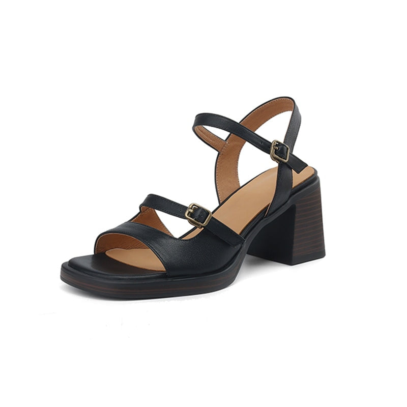 Leather Open Toe Slingback Gladiator Sandals with 70mm Block Heel in Black/Coffee/Beige