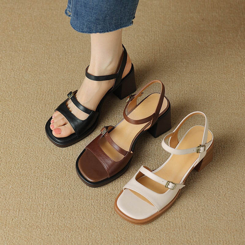 Leather Open Toe Slingback Gladiator Sandals with 70mm Block Heel in Black/Coffee/Beige