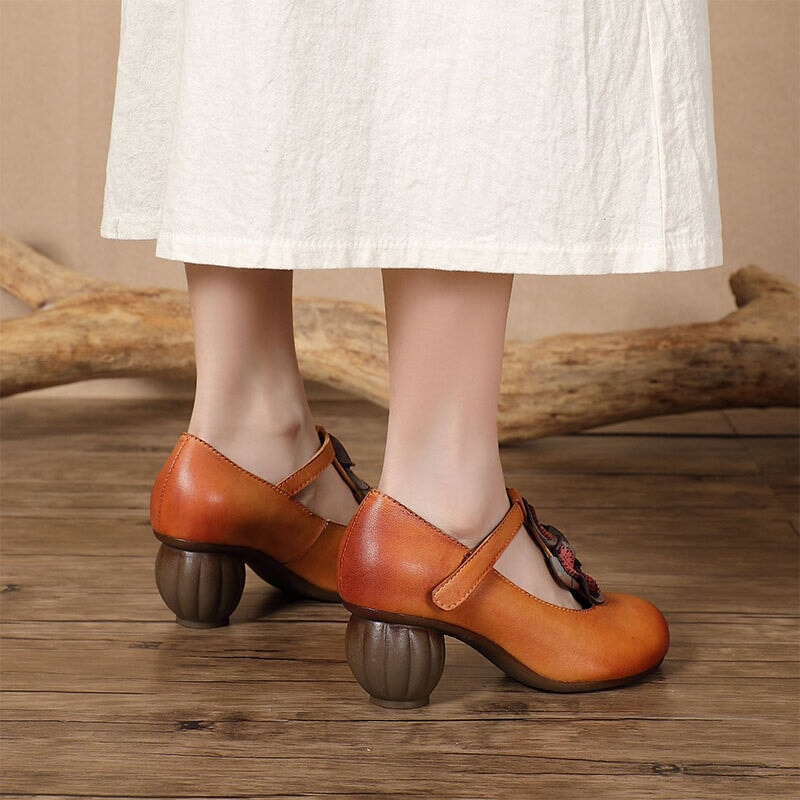 Leather T Strap Pumps For Women Original Design in Brown
