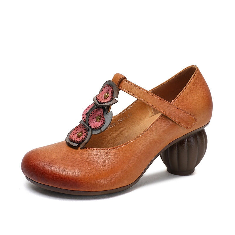 Leather T Strap Pumps For Women Original Design in Brown