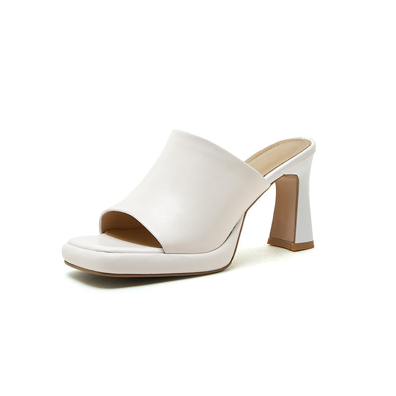 Minimalist Open Toe Backless Slippers for Women 80mm Leather Summer Pumps in White/Black/Green