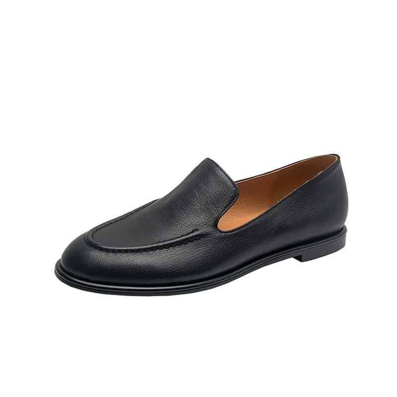 Minimalist Women's Cow Leather Flats Slip On Casual Loafers in White/Black