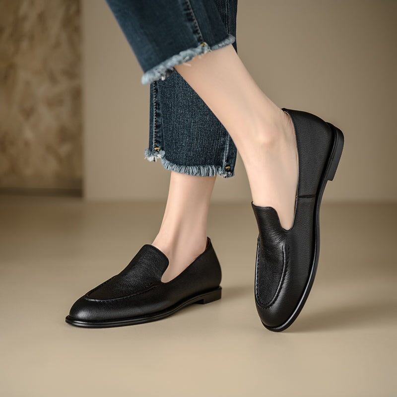 Minimalist Women's Cow Leather Flats Slip On Casual Loafers in White/Black