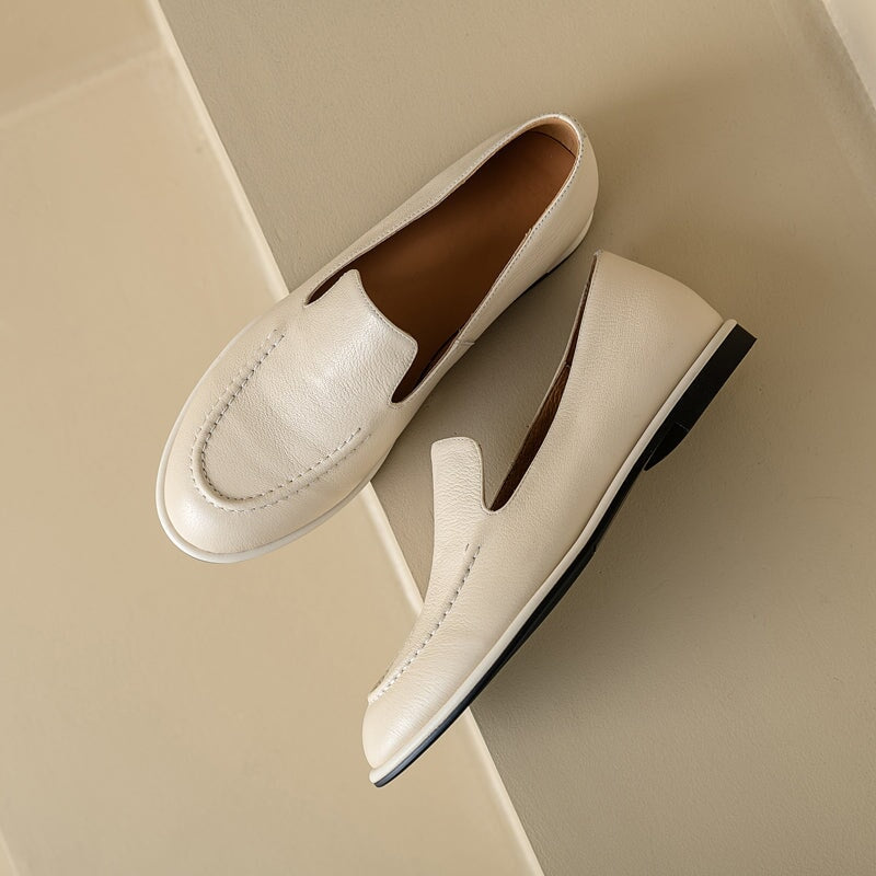 Minimalist Women's Cow Leather Flats Slip On Casual Loafers in White/Black