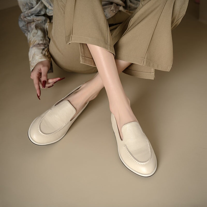 Minimalist Women's Cow Leather Flats Slip On Casual Loafers in White/Black