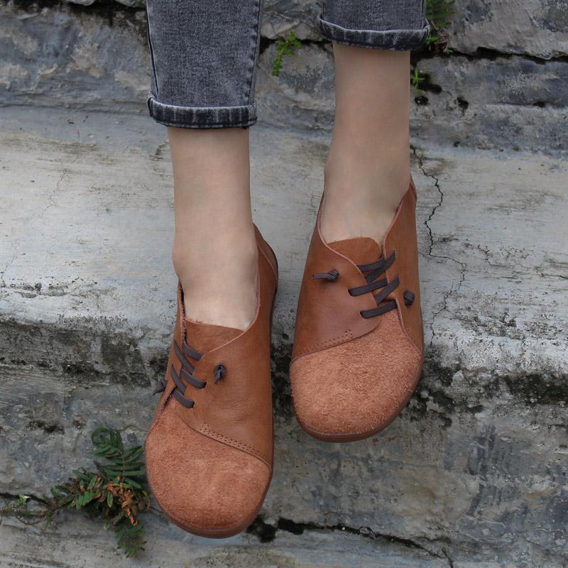 Nubuck Leather Women Loafers Casual Slip On Barefoot Shoes Flats Brown