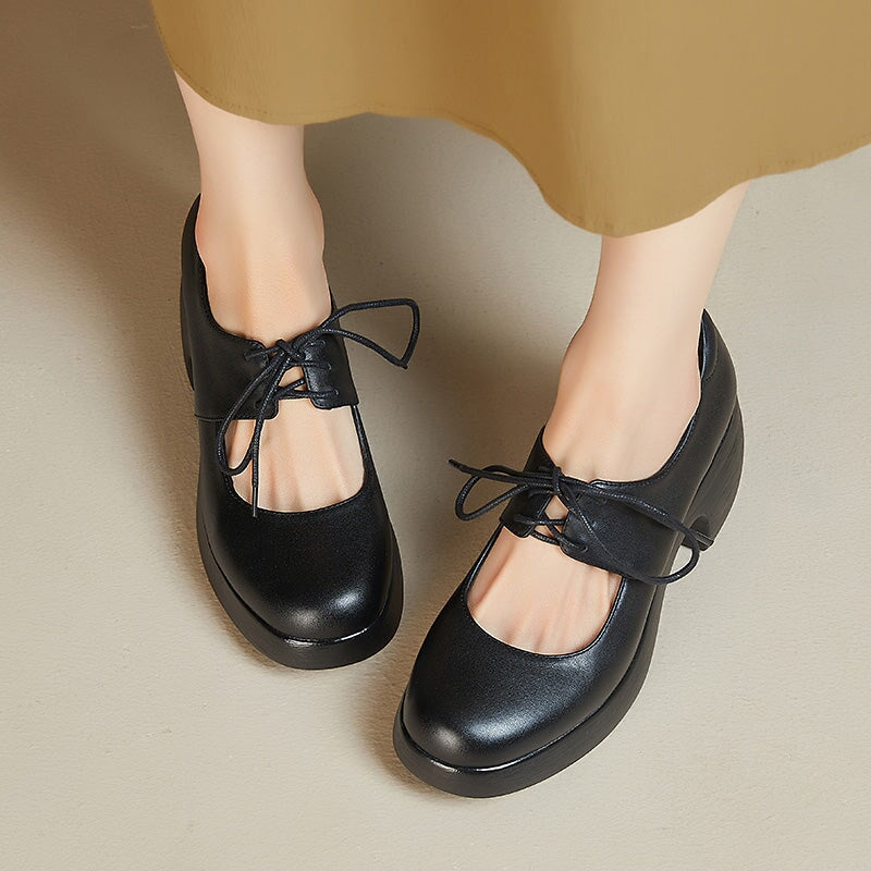 Platform 70mm Chunky Heel Mary Jane Shoes Lace-Up Leather Pumps in Black