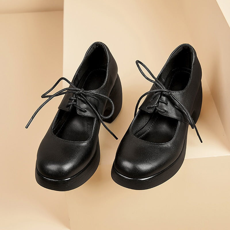 Platform 70mm Chunky Heel Mary Jane Shoes Lace-Up Leather Pumps in Black
