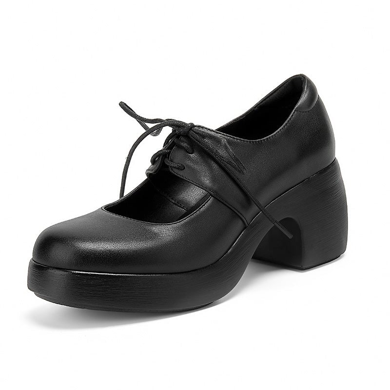 Platform 70mm Chunky Heel Mary Jane Shoes Lace-Up Leather Pumps in Black