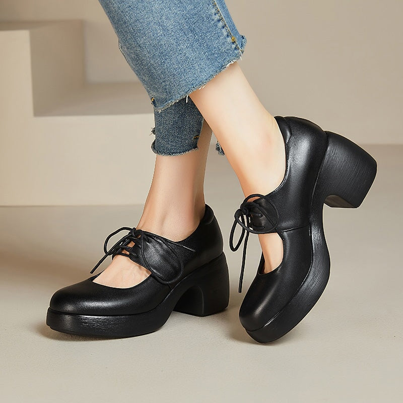 Platform 70mm Chunky Heel Mary Jane Shoes Lace-Up Leather Pumps in Black