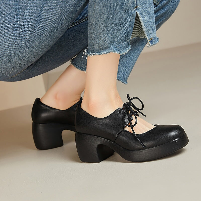 Platform 70mm Chunky Heel Mary Jane Shoes Lace-Up Leather Pumps in Black