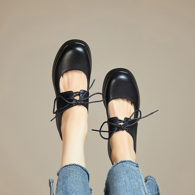 Platform 70mm Chunky Heel Mary Jane Shoes Lace-Up Leather Pumps in Black
