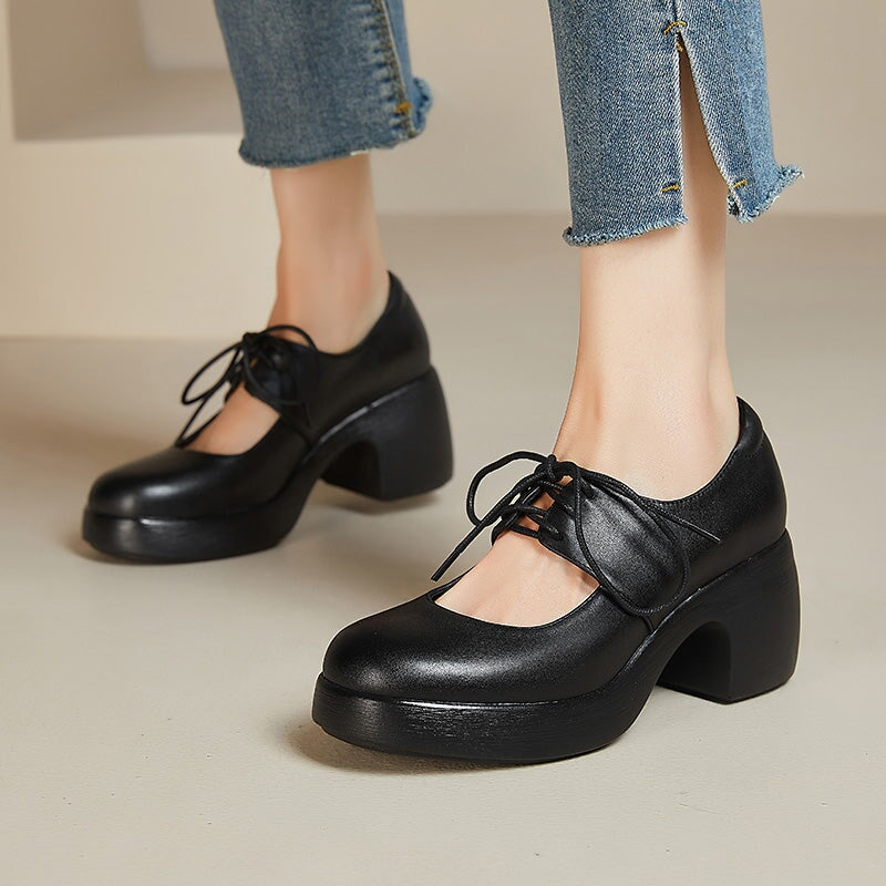 Platform 70mm Chunky Heel Mary Jane Shoes Lace-Up Leather Pumps in Black