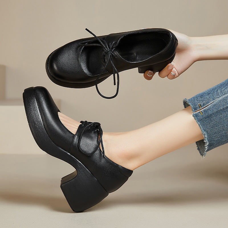 Platform 70mm Chunky Heel Mary Jane Shoes Lace-Up Leather Pumps in Black