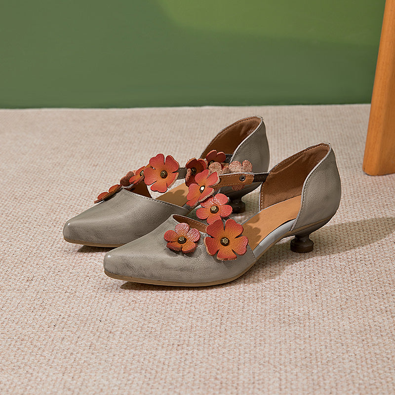 Pointed Toe Kitten Heel Pumps 3D Floral Embellished Vintage Elegant Shoes in Gray