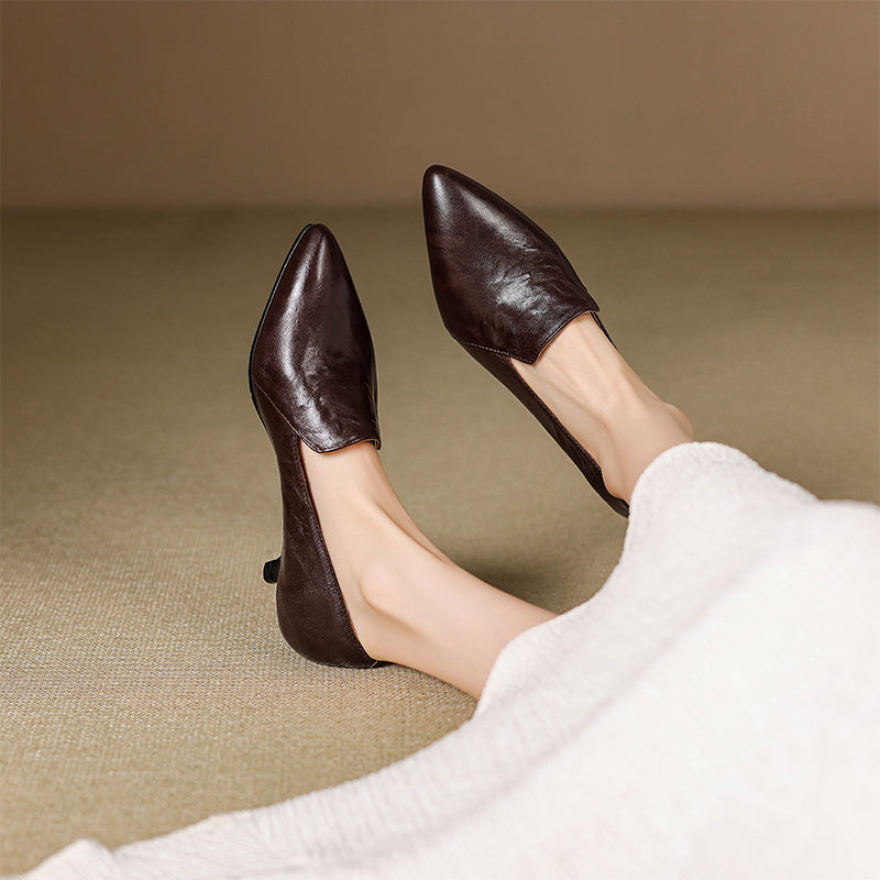 Pointed Toe Kitten Heel Pumps Sheepskin Leather Slip-On Office Shoes in Black/Brown