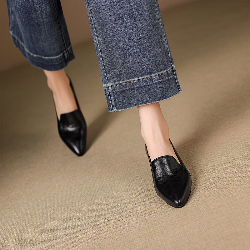 Pointed Toe Kitten Heel Pumps Sheepskin Leather Slip-On Office Shoes in Black/Brown