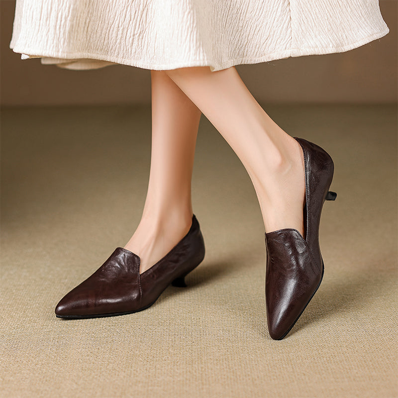 Pointed Toe Kitten Heel Pumps Sheepskin Leather Slip-On Office Shoes in Black/Brown