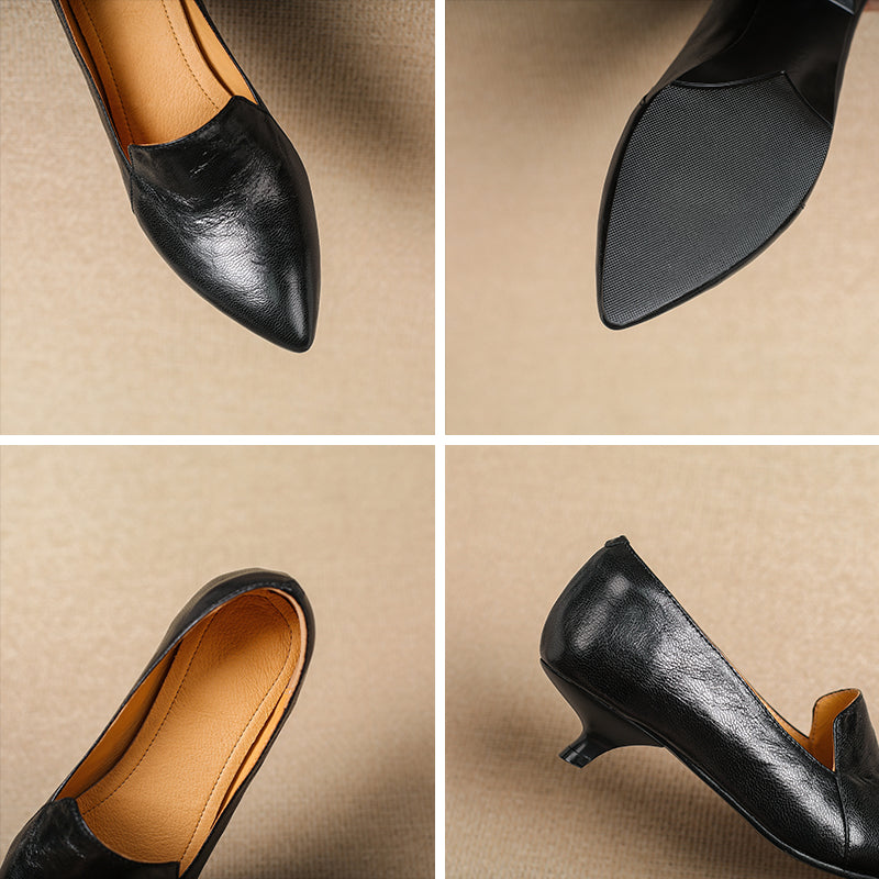 Pointed Toe Kitten Heel Pumps Sheepskin Leather Slip-On Office Shoes in Black/Brown