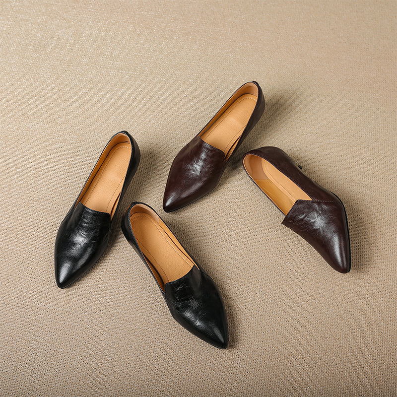 Pointed Toe Kitten Heel Pumps Sheepskin Leather Slip-On Office Shoes in Black/Brown