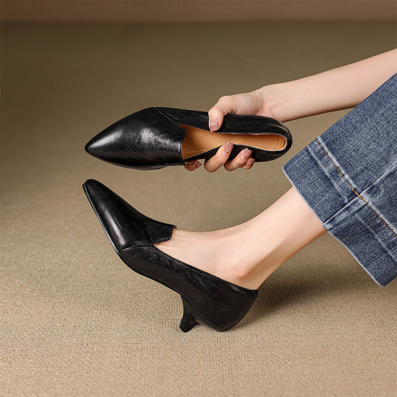 Pointed Toe Kitten Heel Pumps Sheepskin Leather Slip-On Office Shoes in Black/Brown