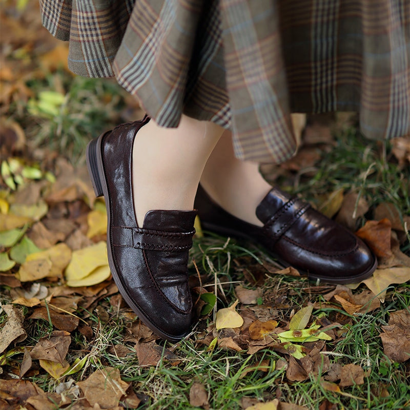 Retro British Style Cowhide Round Toe Loafers In Black/Brown/Coffee
