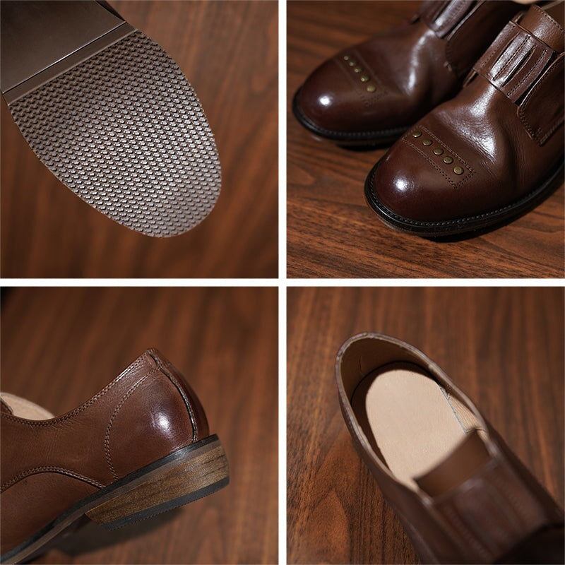 Retro Cowhide Round Toe Rivet Decorated Low Heel Loafers in Black/Brown