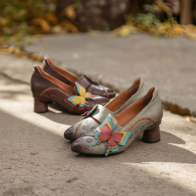 Retro Handmade Leather Butterfly Applique Pointed Toe Pumps 60mm in Grey/Coffee