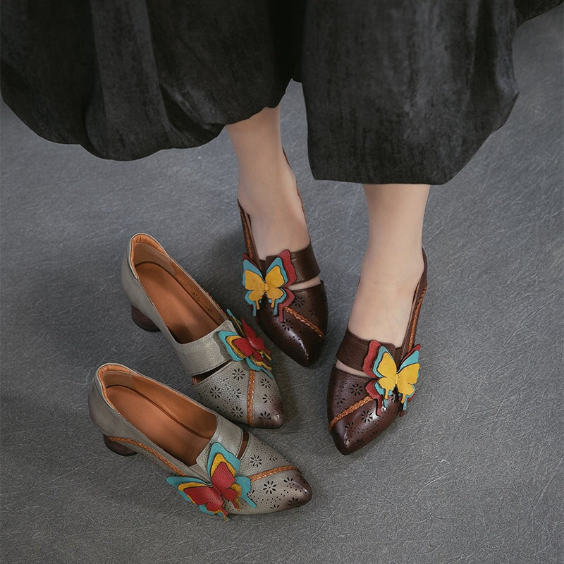 Retro Handmade Leather Butterfly Applique Pointed Toe Pumps 60mm in Grey/Coffee