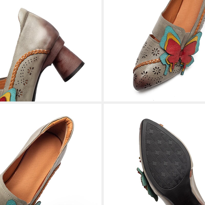 Retro Handmade Leather Butterfly Applique Pointed Toe Pumps 60mm in Grey/Coffee