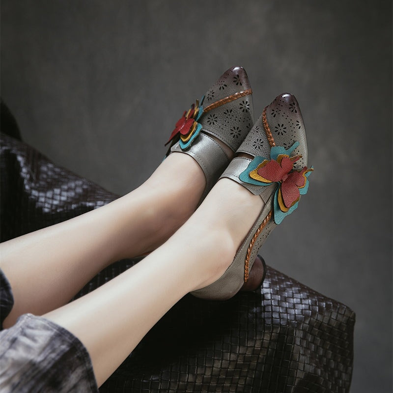 Retro Handmade Leather Butterfly Applique Pointed Toe Pumps 60mm in Grey/Coffee