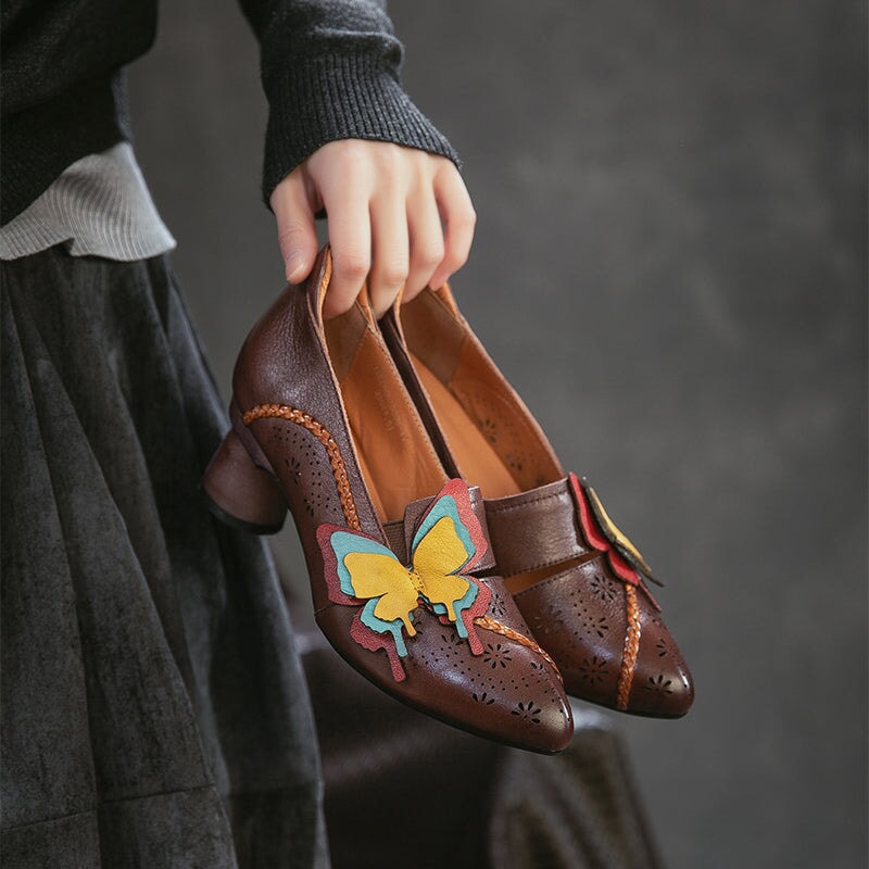 Retro Handmade Leather Butterfly Applique Pointed Toe Pumps 60mm in Grey/Coffee