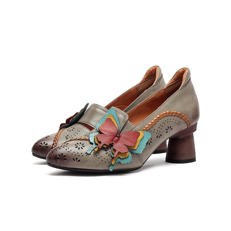 Retro Handmade Leather Butterfly Applique Pointed Toe Pumps 60mm in Grey/Coffee