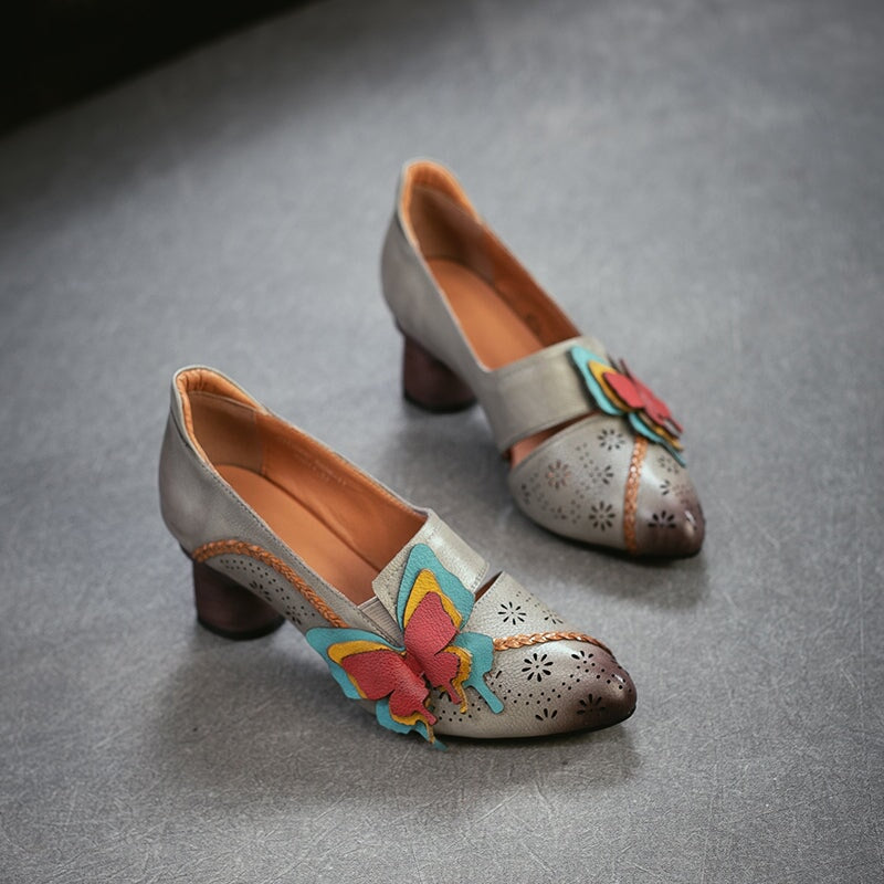 Retro Handmade Leather Butterfly Applique Pointed Toe Pumps 60mm in Grey/Coffee