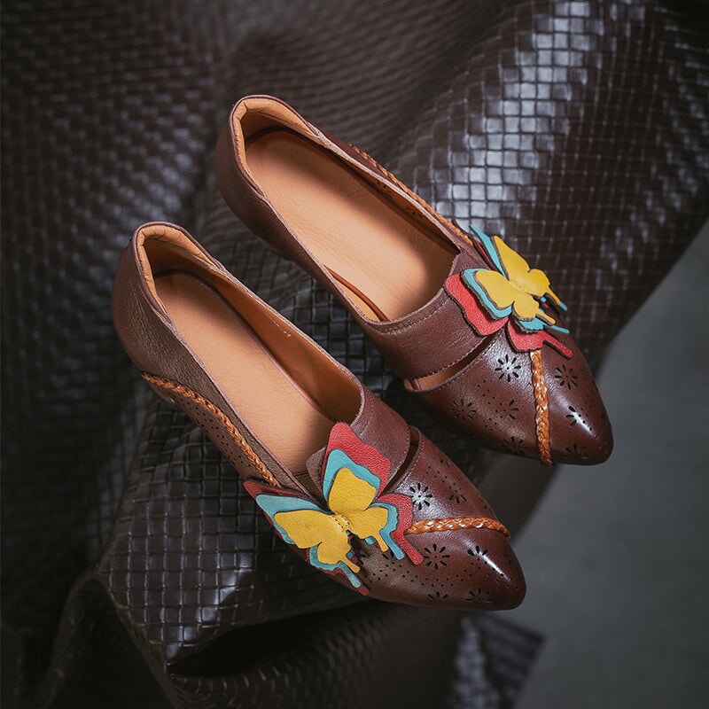 Retro Handmade Leather Butterfly Applique Pointed Toe Pumps 60mm in Grey/Coffee