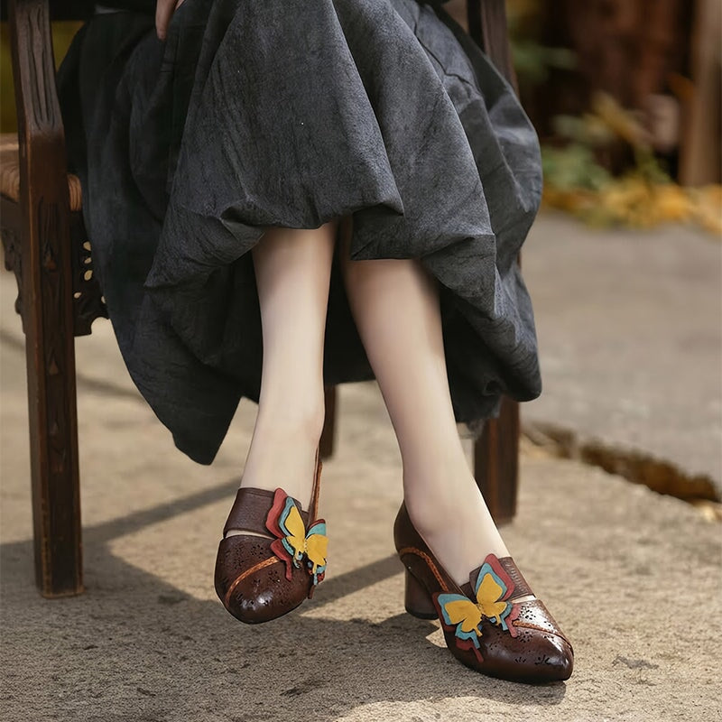 Retro Handmade Leather Butterfly Applique Pointed Toe Pumps 60mm in Grey/Coffee