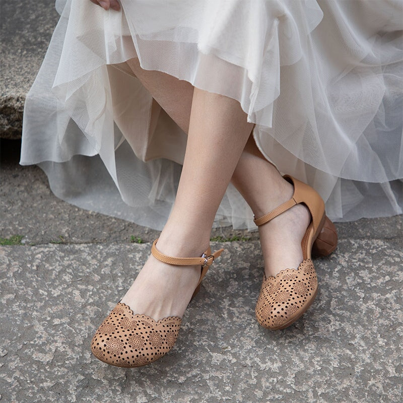 Retro Hollow Out Leather Sandals 58mm Round Toe Closed Toe Cylinder Heel Shoes in White/Yellow Brown