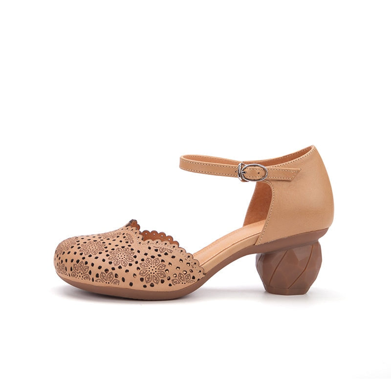 Retro Hollow Out Leather Sandals 58mm Round Toe Closed Toe Cylinder Heel Shoes in White/Yellow Brown