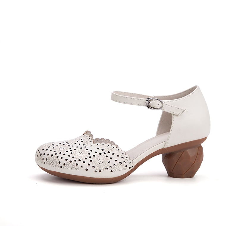 Retro Hollow Out Leather Sandals 58mm Round Toe Closed Toe Cylinder Heel Shoes in White/Yellow Brown