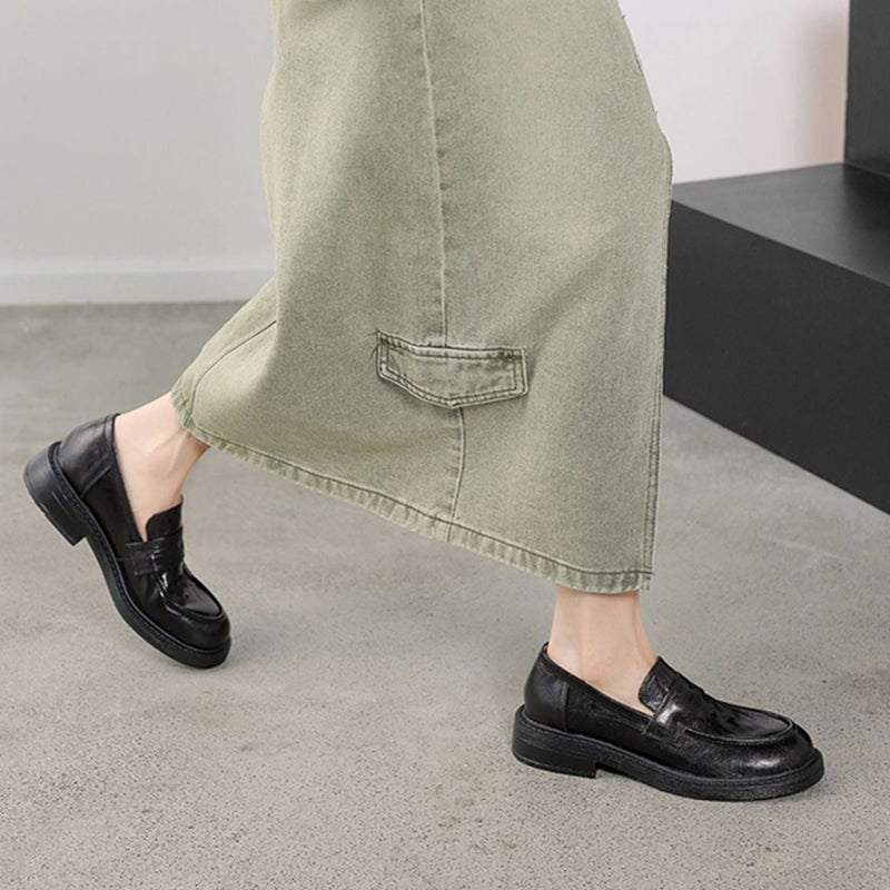 Retro Round Toe Sheepskin Penny Loafers in Black/Coffee