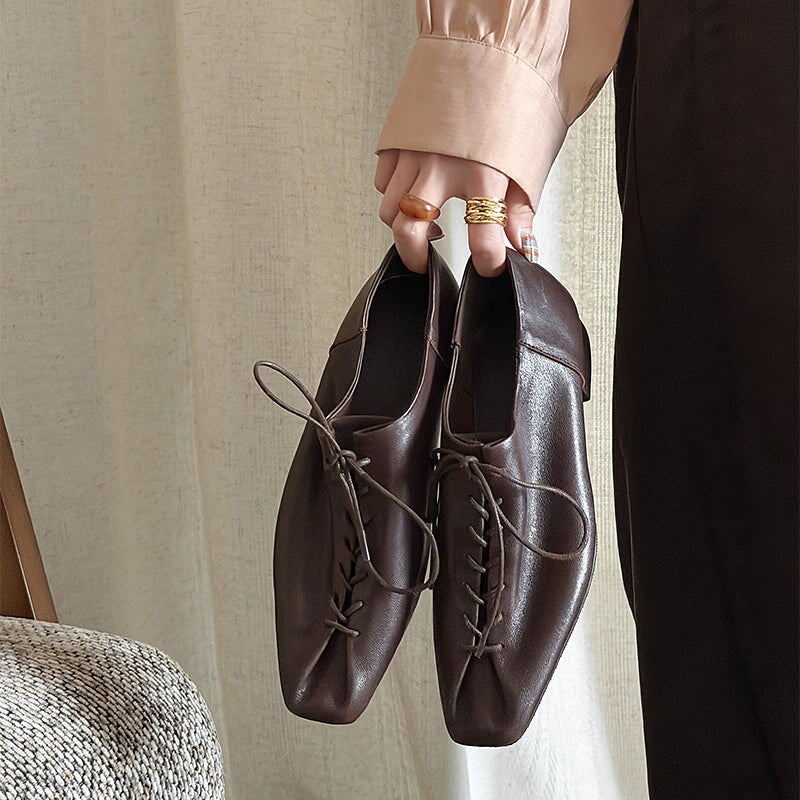 Retro Square-Toe Lace-Up Derby Shoes Sheepskin Leather Oxfords for Women in Black/Brown/Wine Red