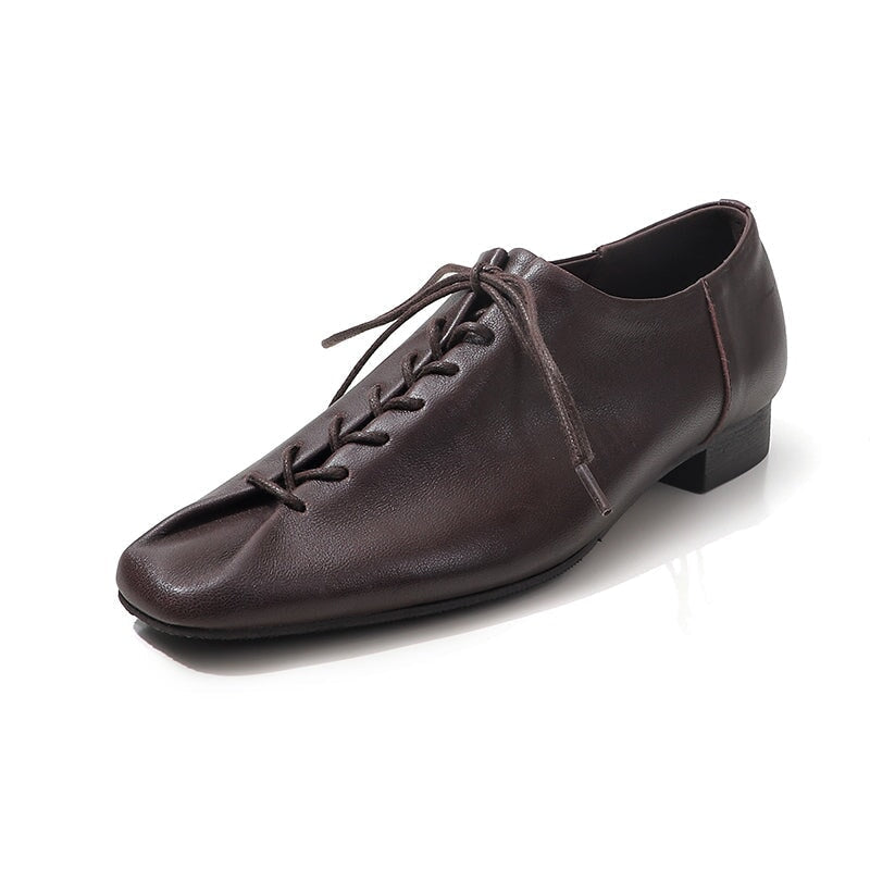 Retro Square-Toe Lace-Up Derby Shoes Sheepskin Leather Oxfords for Women in Black/Brown/Wine Red