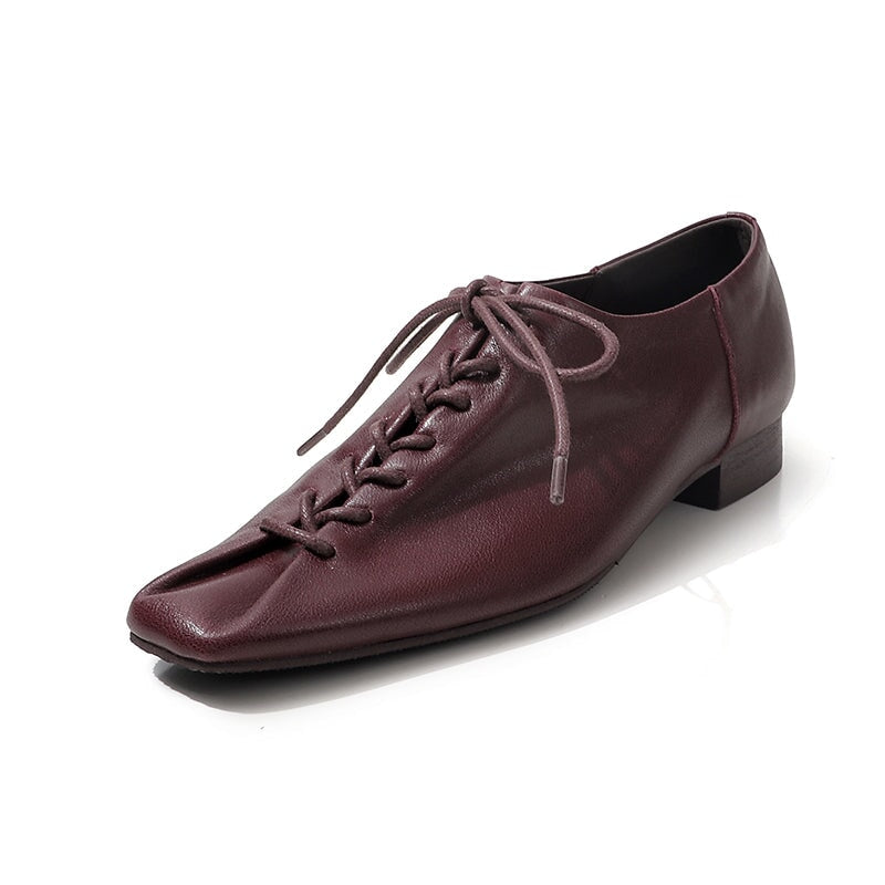 Retro Square-Toe Lace-Up Derby Shoes Sheepskin Leather Oxfords for Women in Black/Brown/Wine Red