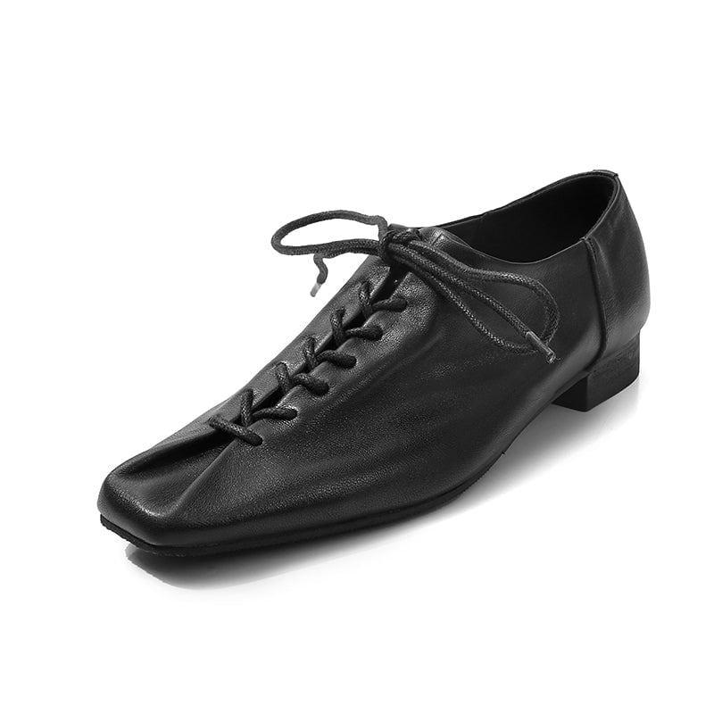 Retro Square-Toe Lace-Up Derby Shoes Sheepskin Leather Oxfords for Women in Black/Brown/Wine Red