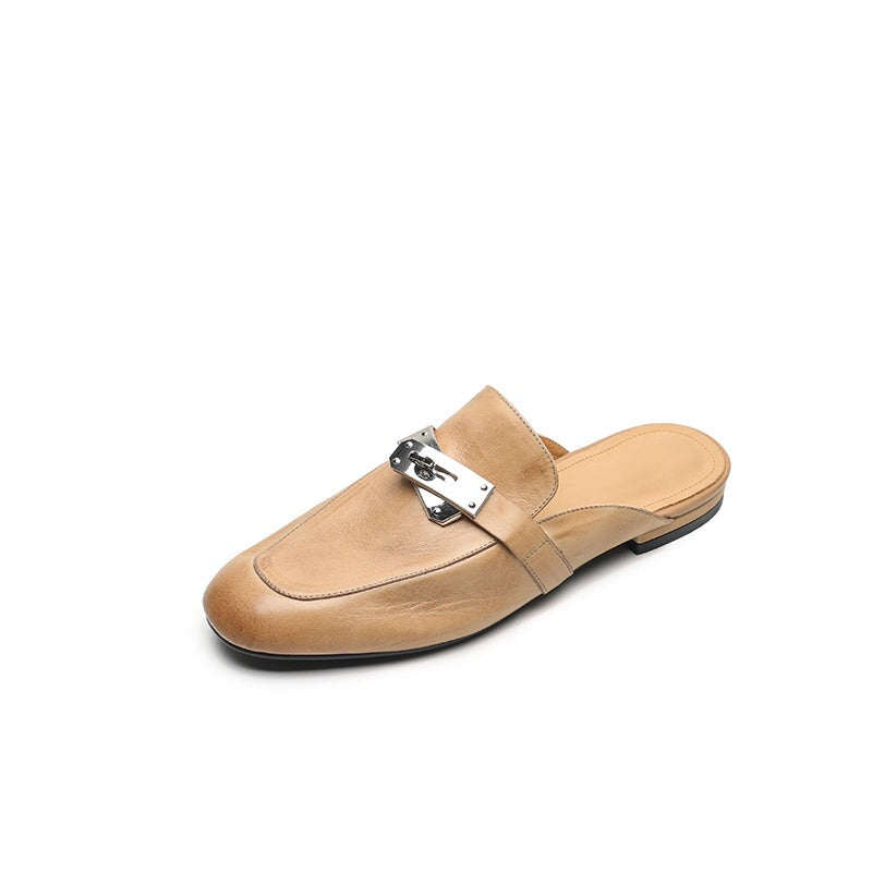 Retro Style Genuine Leather Soft Mule Flat Backless Loafers with Metal Buckle in Black/Brown/Apricot