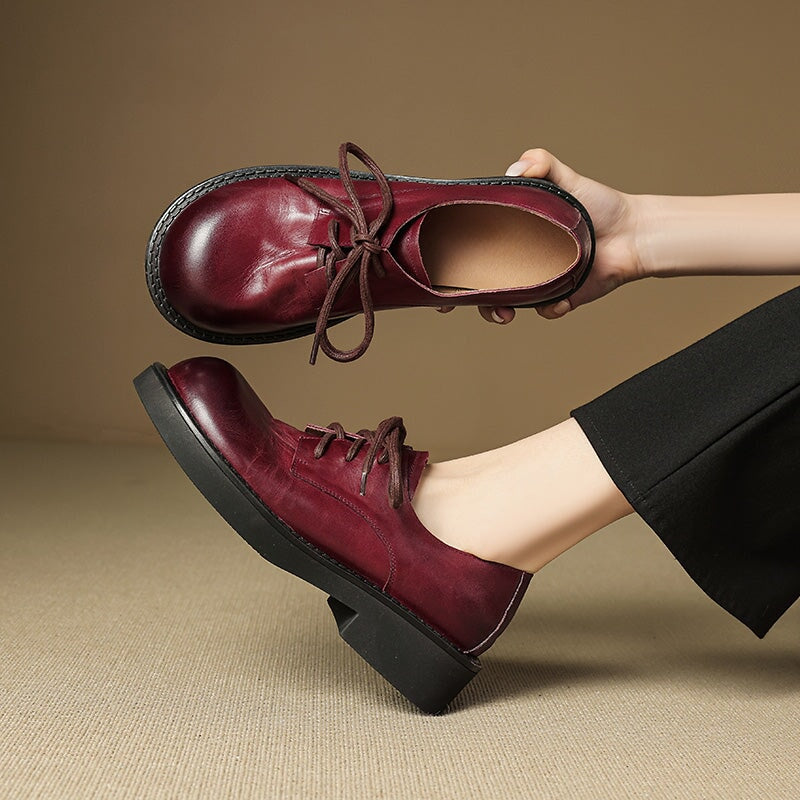 Retro Wide Fit Handmade Leather Oxford Shoes for Women in Red/Black