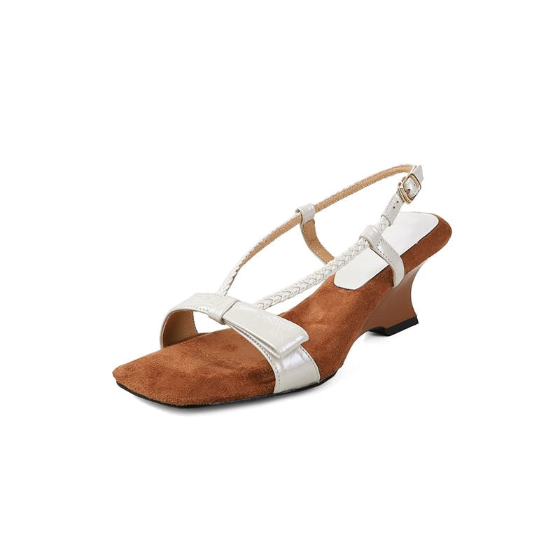Roman Style Slingback Wedge Pumps Open Toe Sheepskin Fashion Sandals in Beige/Golden/Wine Red/Blue