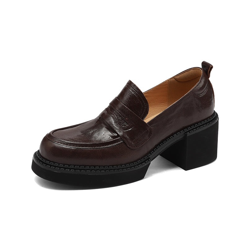 Round Toe Penny Loafers in Hand-Grained Sheepskin with 65mm Block Heel in Brown/Black/Wine Red